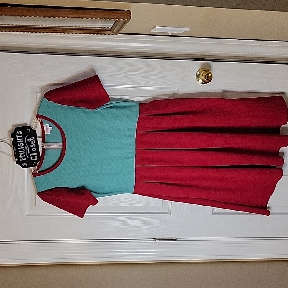 LuLaRoe Amelia Dress Large Red Teal Green